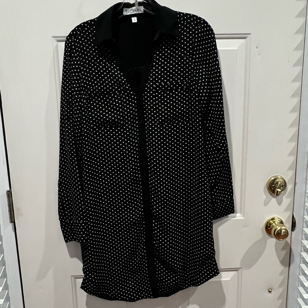 Express Black and White Polka Dot Button Down Shirt Dress